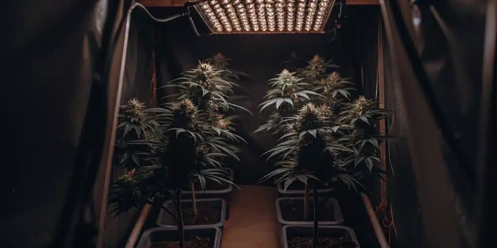 Flowering cannabis plants growing inside an indoor grow tent under LED lighting.