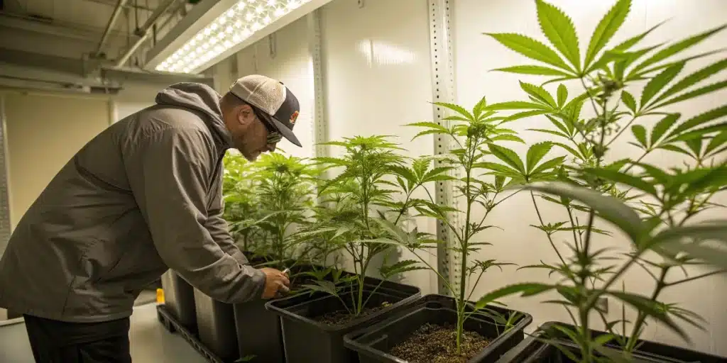 Indoor Cannabis Grower Monitoring Healthy Plants
