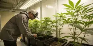 Indoor Cannabis Grower Monitoring Healthy Plants
