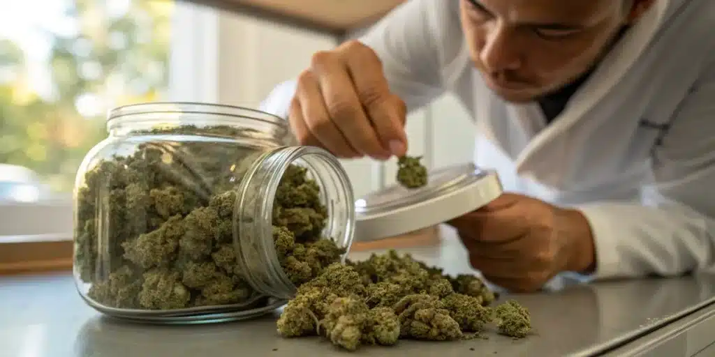 Inspecting Cannabis Buds from a Glass Storage Jar