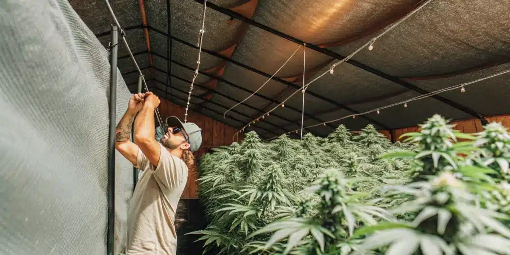 Grower installing blackout curtains in a cannabis greenhouse with flowering plants.