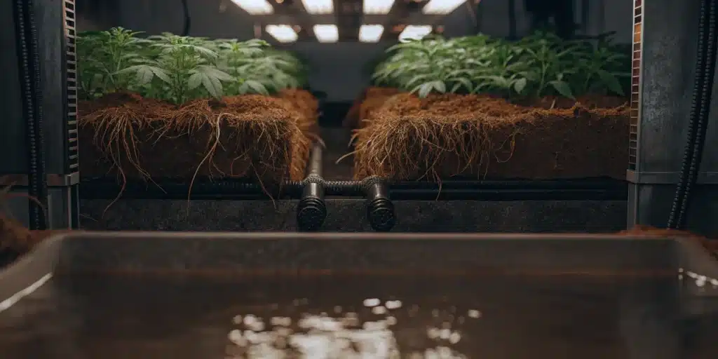 Cannabis plants growing in an NFT hydroponic system with exposed healthy roots above a nutrient solution reservoir.