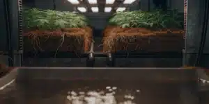 Cannabis plants growing in an NFT hydroponic system with exposed healthy roots above a nutrient solution reservoir.