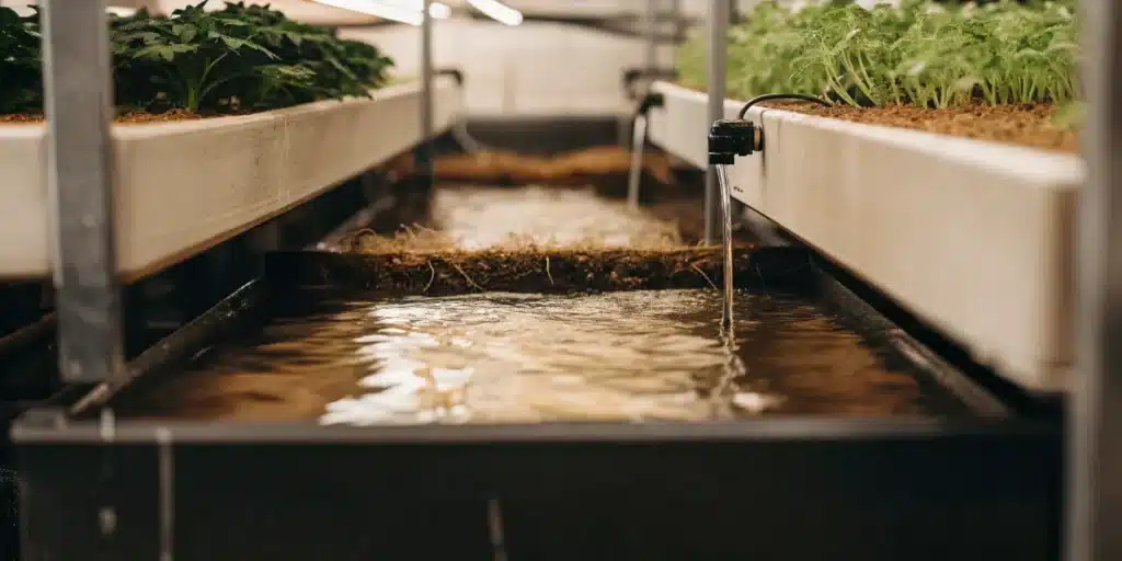 Indoor NFT hydroponic growing system circulating nutrient solution beneath cultivation channels.