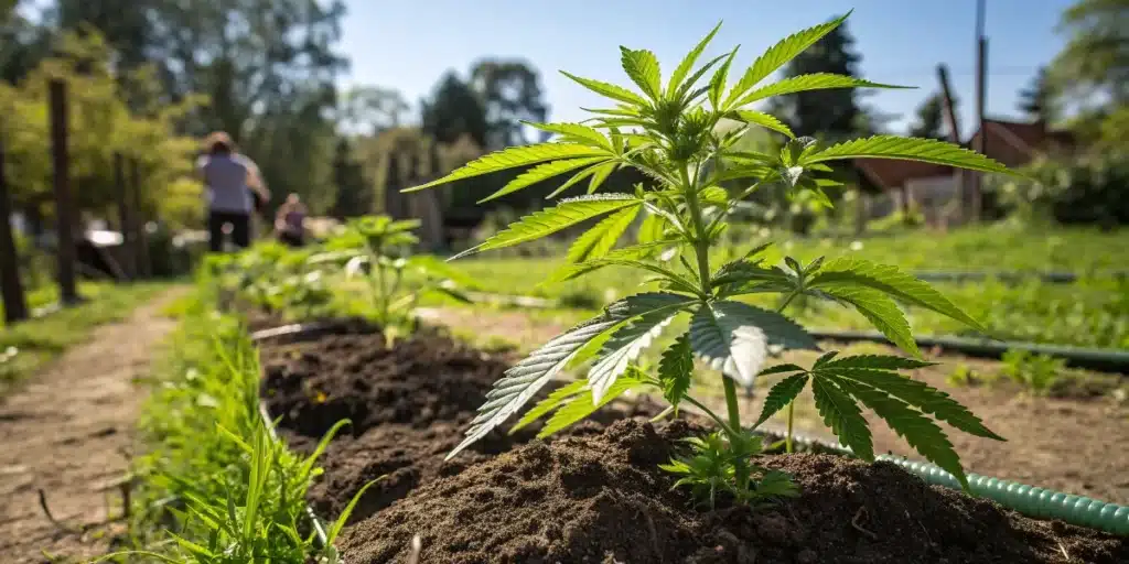 Outdoor cannabis plants thriving in cultivated soil with natural sunlight and irrigation.