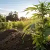 Young outdoor cannabis plant growing in nutrient-rich organic soil under natural sunlight.