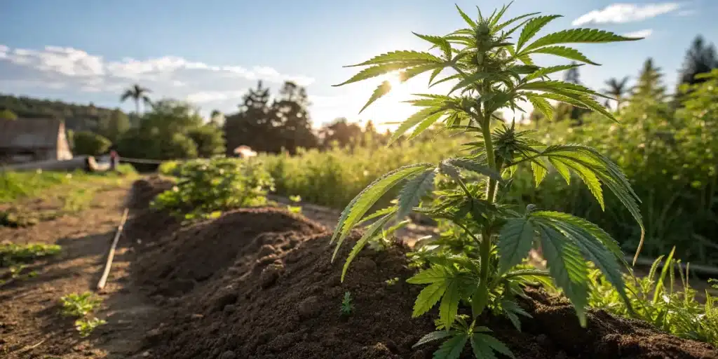 Young outdoor cannabis plant growing in nutrient-rich organic soil under natural sunlight.
