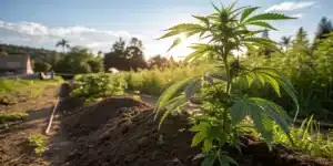 Young outdoor cannabis plant growing in nutrient-rich organic soil under natural sunlight.