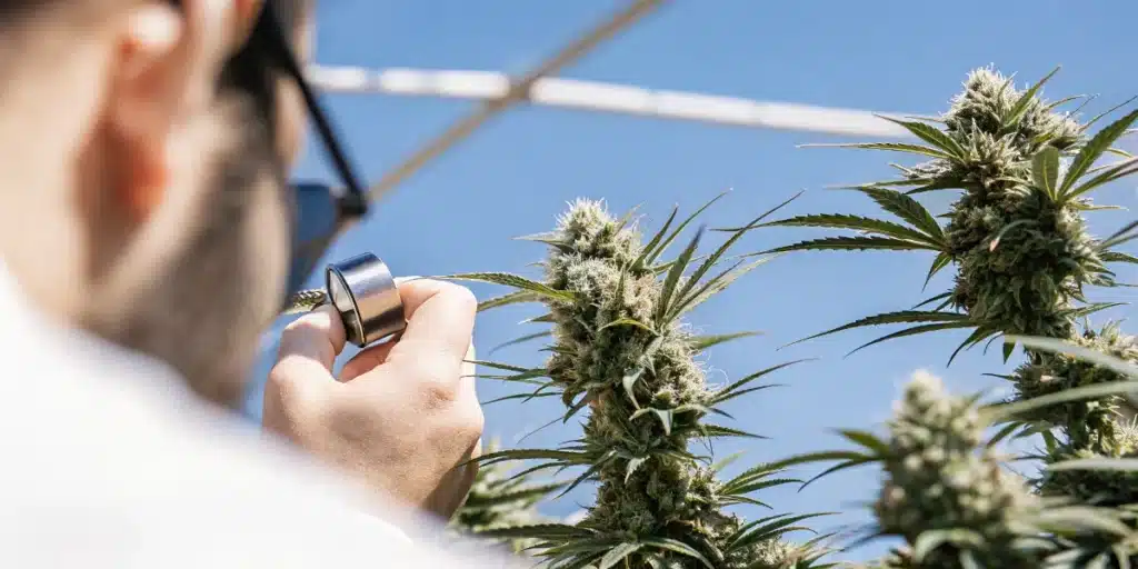 Outdoor Cannabis Trichome Inspection Before Harvest
