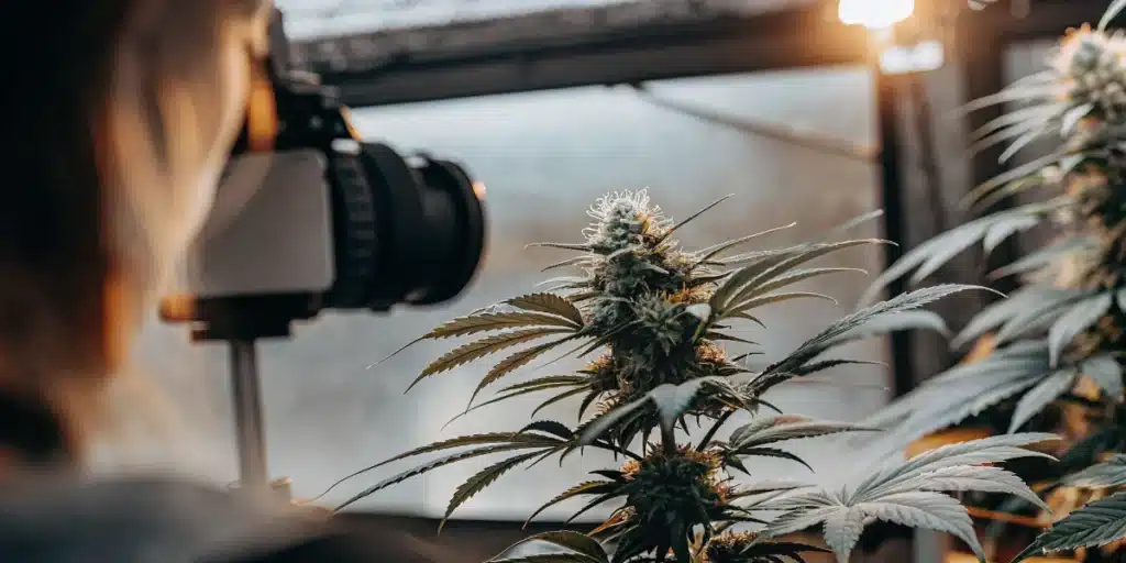 Photographer capturing images of a flowering cannabis plant inside an indoor grow room.