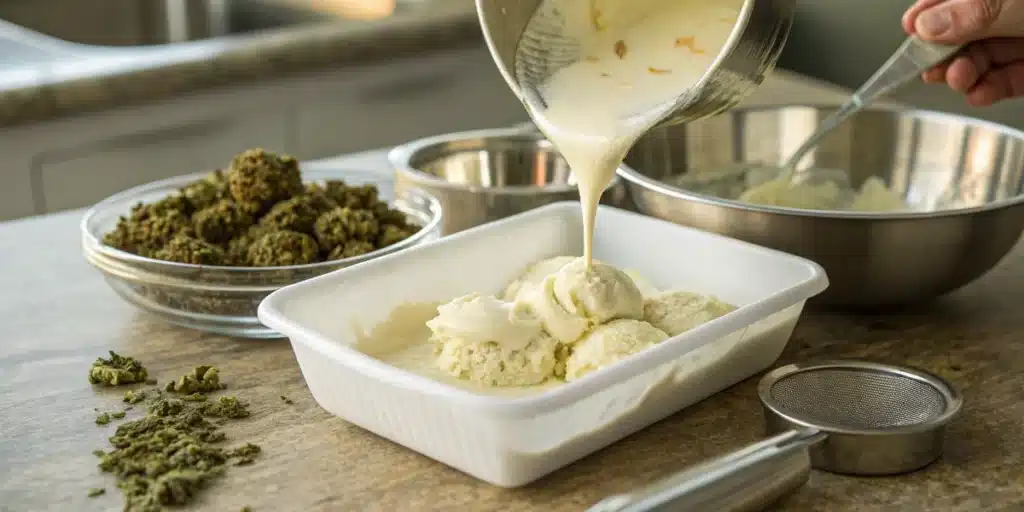 Pouring Cannabis-Infused Cream Over Ice Cream
