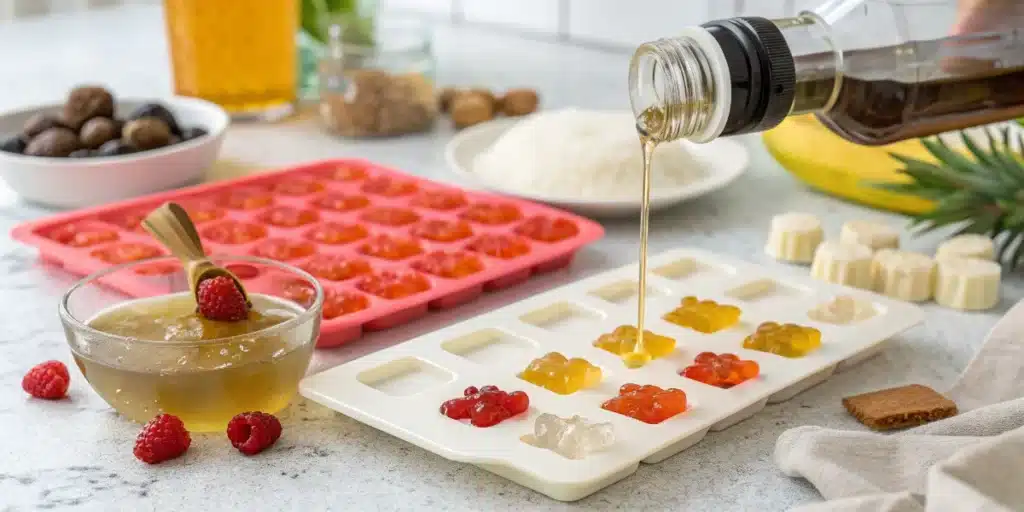 Cannabis-infused oil being poured into gummy bear molds for homemade edibles.