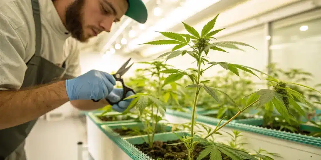 Grower trimming lower branches from a cannabis plant to improve airflow and bud development.