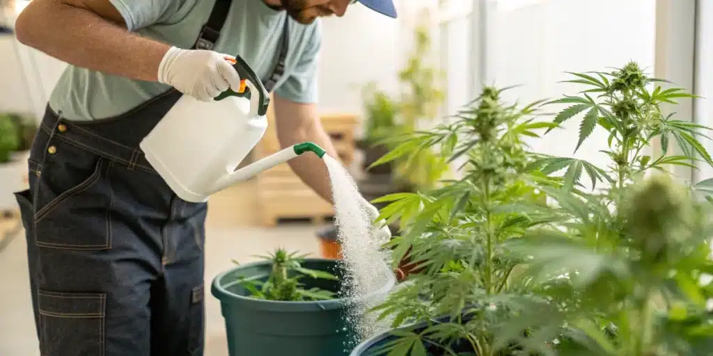 Grower applying water-soluble fertilizer to potted cannabis plants during the flowering stage.