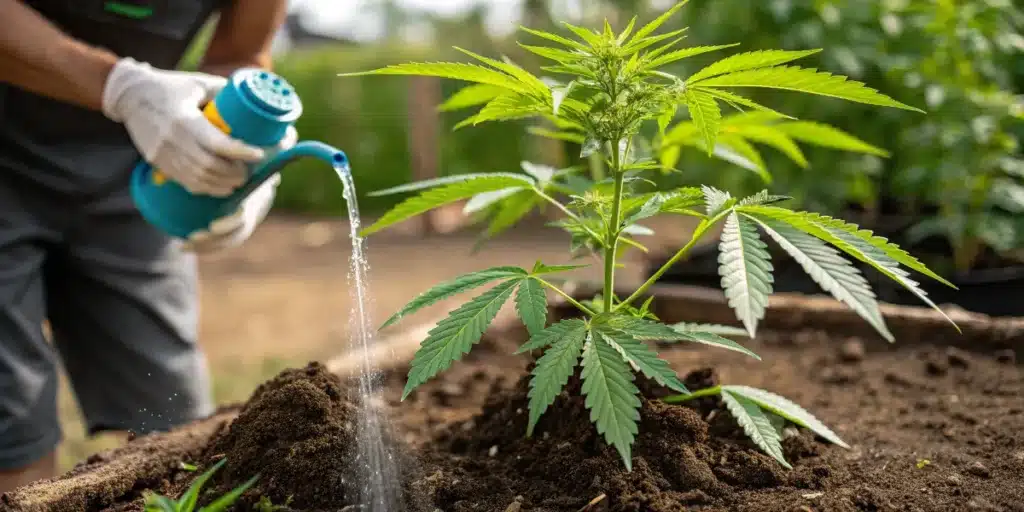 Watering an Outdoor Cannabis Plant