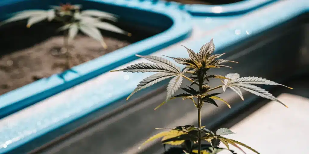 Young cannabis plant growing in a hydroponic grow bed with irrigation channels.