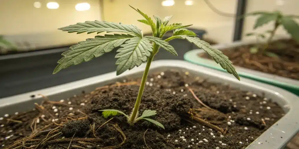 Healthy Young Cannabis Seedling in Soil