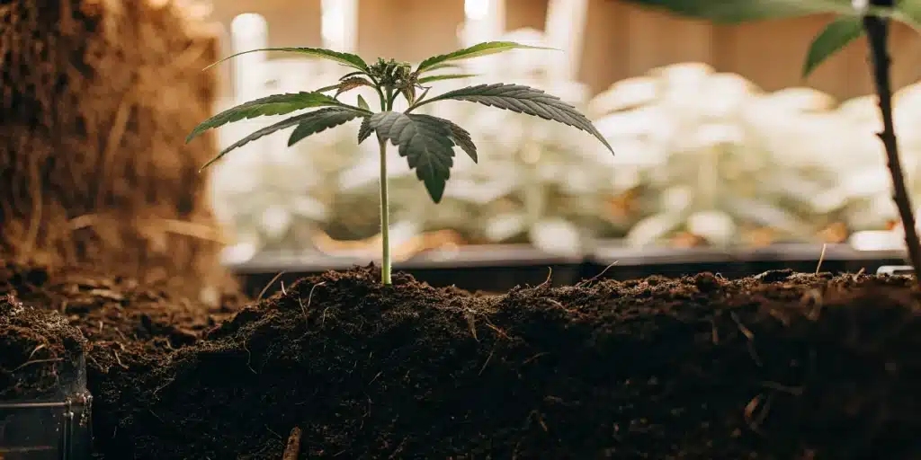 Young cannabis seedling planted deeply in soil to support healthy stem development.