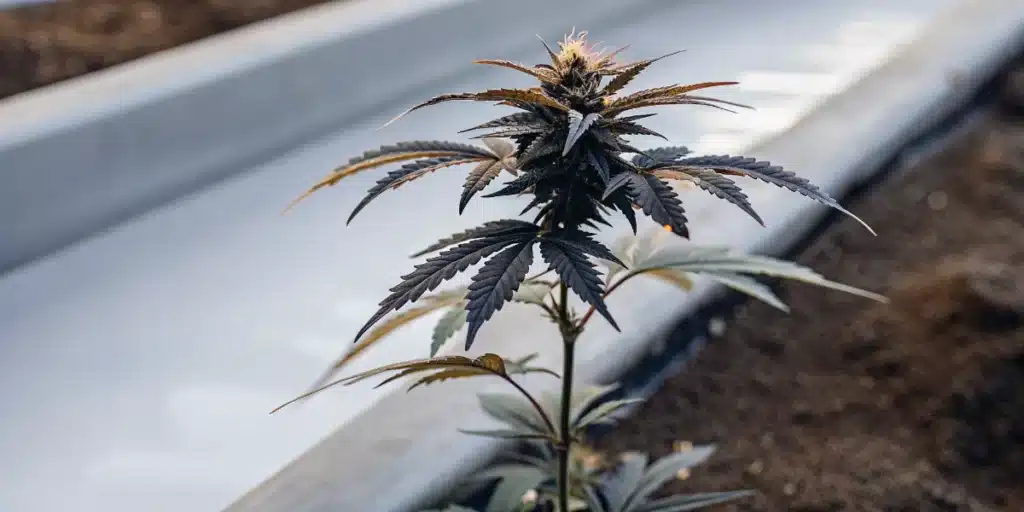 Young purple cannabis plant growing beside a hydroponic water channel.