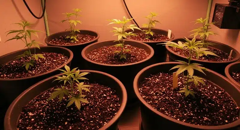 Thai Fantasy cannabis seedlings in early growth stage, cultivated indoors under controlled lighting, showing healthy development and strong genetics.