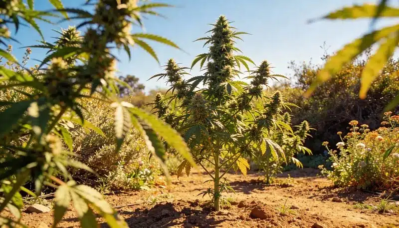 Outdoor Tijuana cannabis plant thriving under natural sunlight, strong structure and classic sativa growth in an open-field cultivation environment.