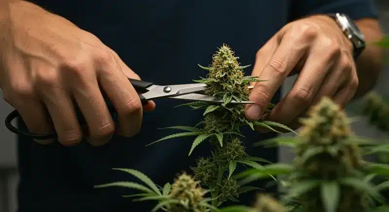 Top 44 cannabis being carefully trimmed during late flowering, dense buds, resin production, and professional harvest techniques.