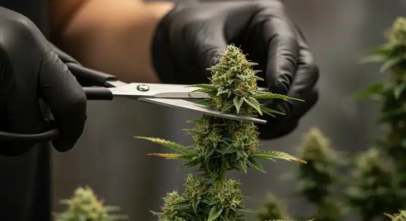 Triangle Kush buds during harvest, hand-trimmed to preserve dense flower structure, resin coverage, and the strain’s signature earthy and kush aromas.