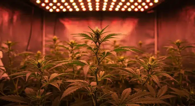 Triangle Kush cannabis plants growing indoors under LED lights.