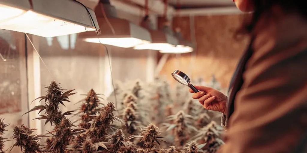 Cannabis Grower Examining Flowering Plants