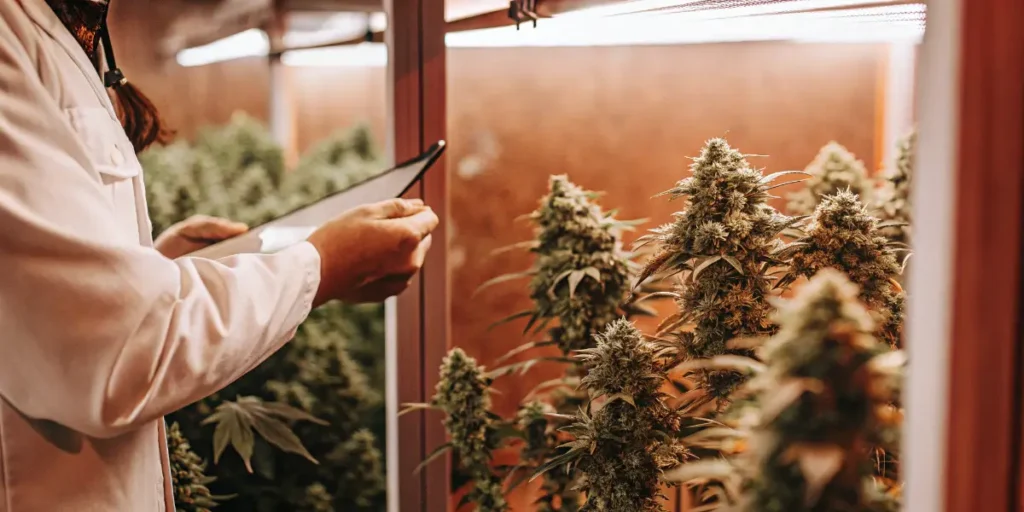 Cannabis Grower Monitoring Flowering Plants