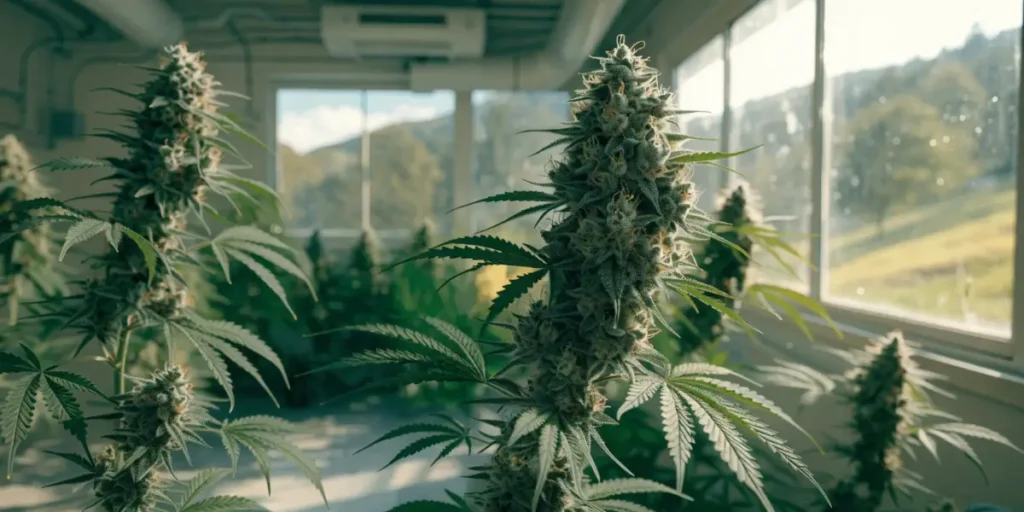 Cannabis Plants Growing in a Sunlit Indoor Grow Room
