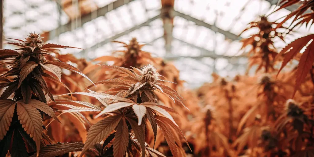 Cannabis Plants in a Greenhouse Under Warm Light