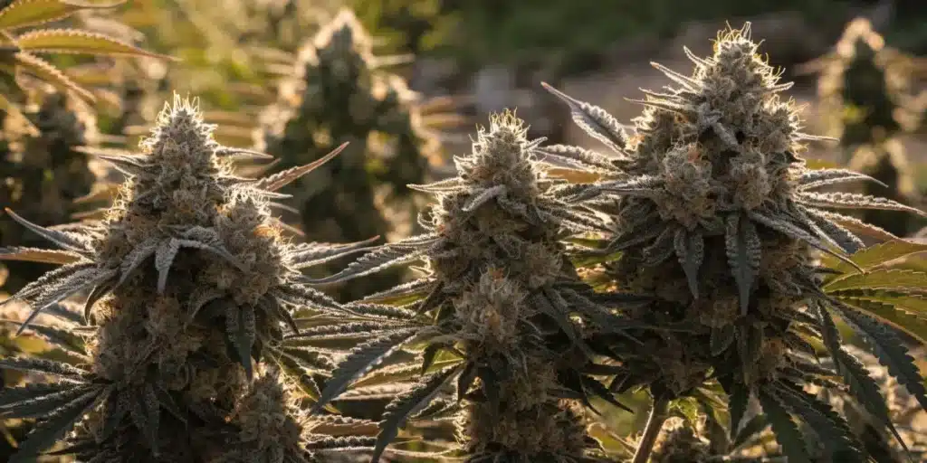 Close-Up of Mature Outdoor Cannabis Buds in Sunlight