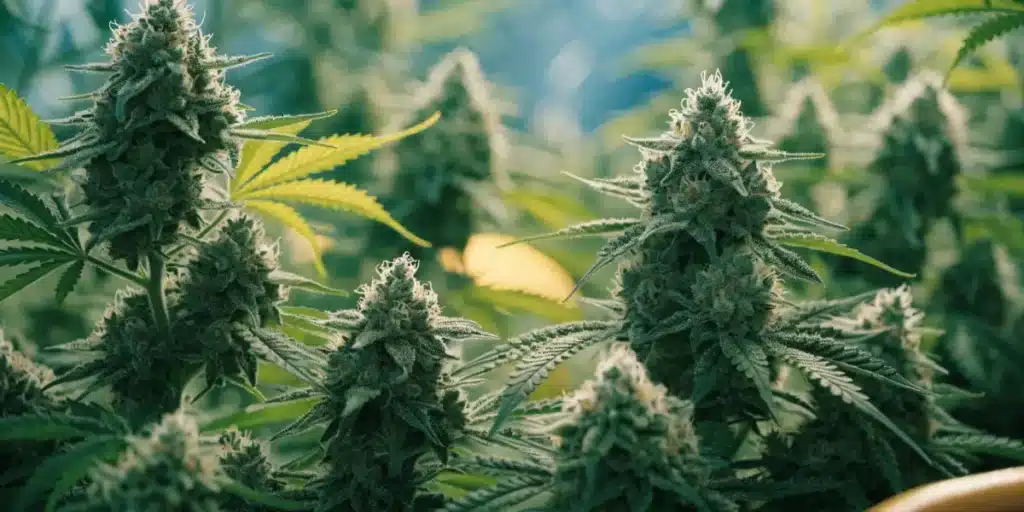 Dense Cannabis Buds Growing in a Greenhouse