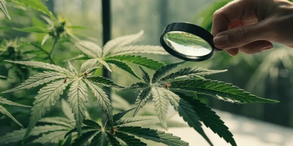 Examining Cannabis Leaves with a Magnifying Glass