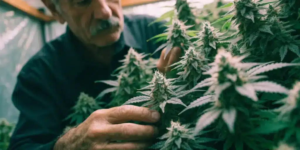 Experienced Cannabis Grower Inspecting Mature Plants