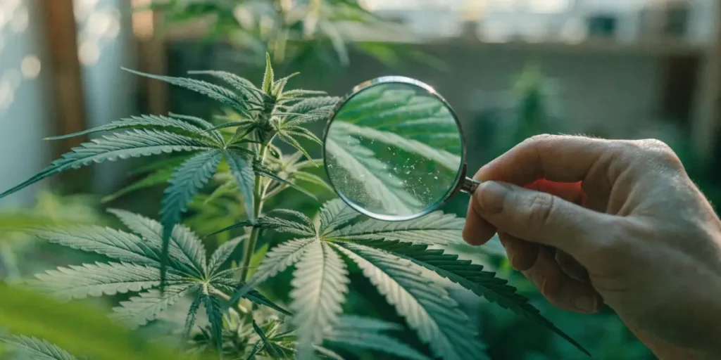 Inspecting a Cannabis Plant with a Magnifying Glass