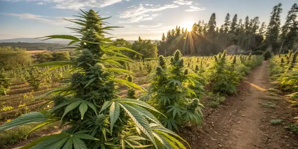 Outdoor Cannabis Cultivation in a Sunny Field