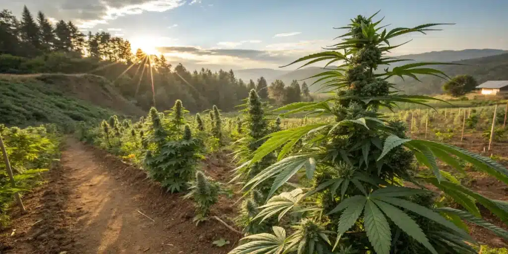 Outdoor Cannabis Farm at Sunset