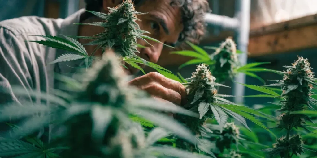 Skilled Cannabis Cultivator Examining Flowering Plants